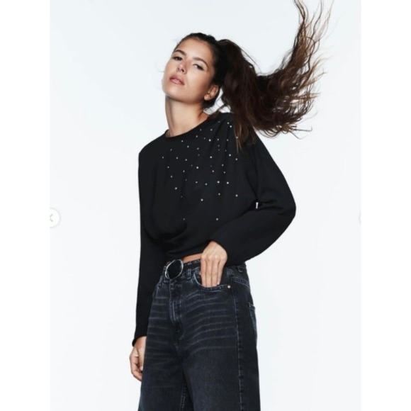 ZARA Black Long Sleeve Crop Top Rhinestone Embellished Crew Neck Casual Womens M - Picture 2 of 6